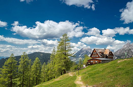 Historische Berghütte in grüner Almlandschaft mit Blick auf verschneite Gipfel