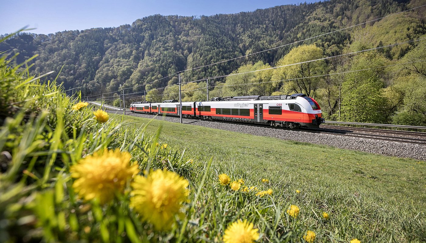 ÖBB Cityjet-Zug fährt durch grüne Landschaft mit Wiesen und Bergen