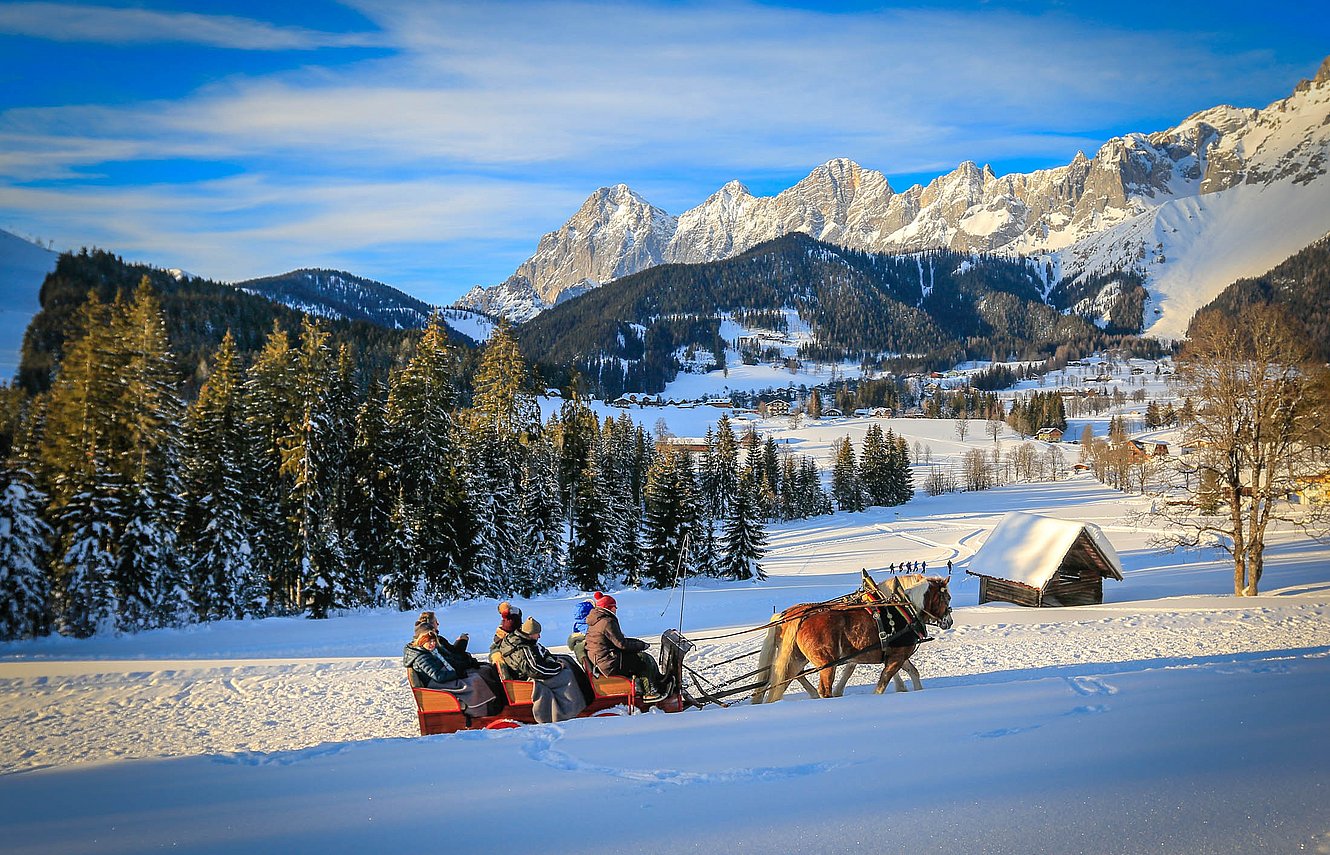 Horse-drawn sleigh ride through snowy landscape with view of mountain village