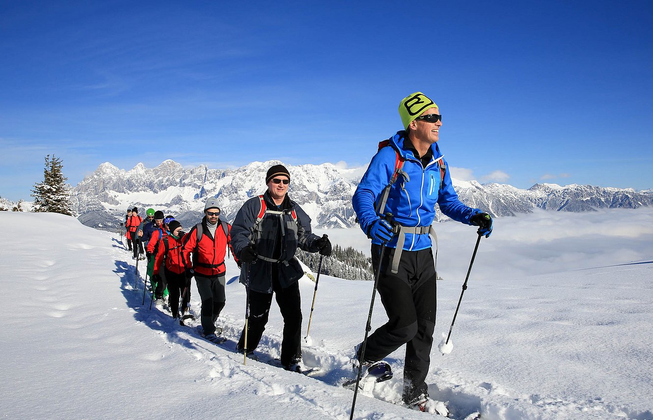 Snowshoe hikers in a row with Alpine panorama in the background