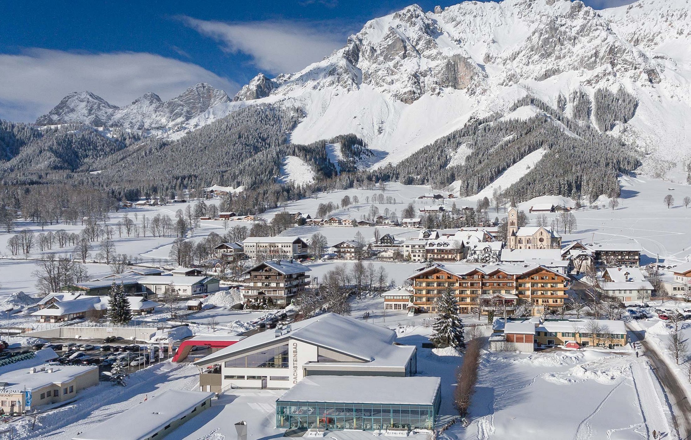 Aerial view of Ramsau am Dachstein with fresh snow