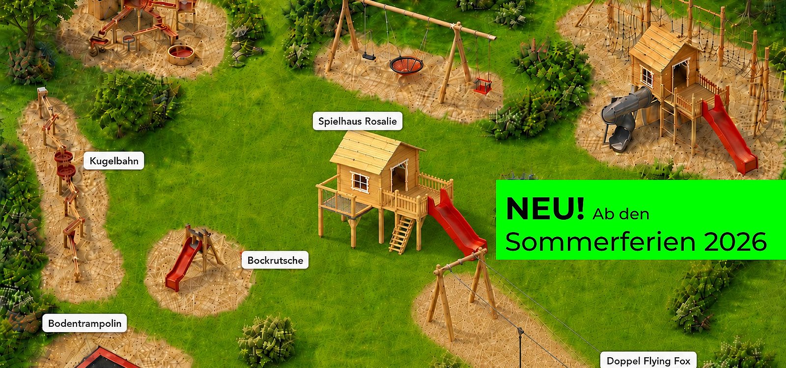 3D-Illustration eines geplanten Outdoor-Spielplatzes auf einer Wiese mit beschrifteten Stationen wie Wasserspielanlage, Kugelbahn und Flying Fox