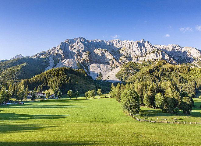 Weite grüne Wiese mit Almwiese, Hotel und steilem Berghang im Sonnenlicht